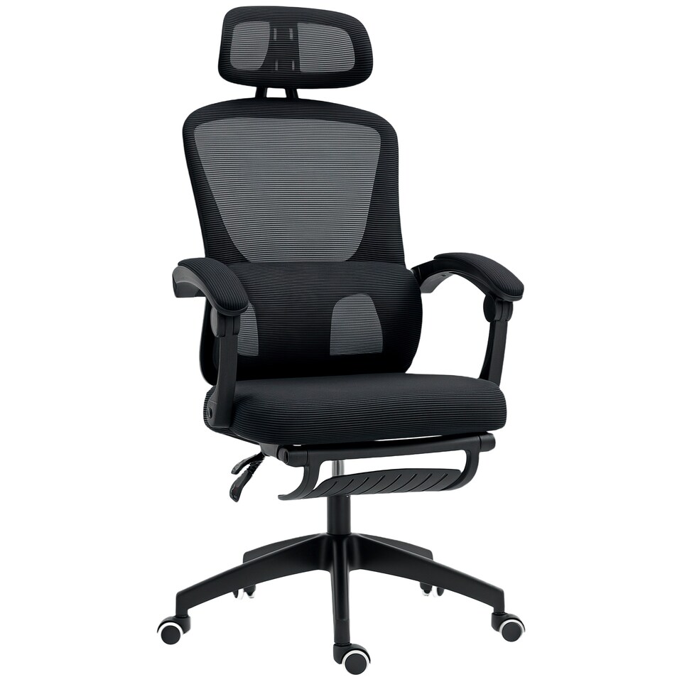 image 1 of HOMCOM Ergonomic Office Chair, Mesh High Back Desk Chair with Adjustable Lumbar Support and Headrest, Footrest, Reclining Executive Swivel Computer Chair for Home Study, Black | Black