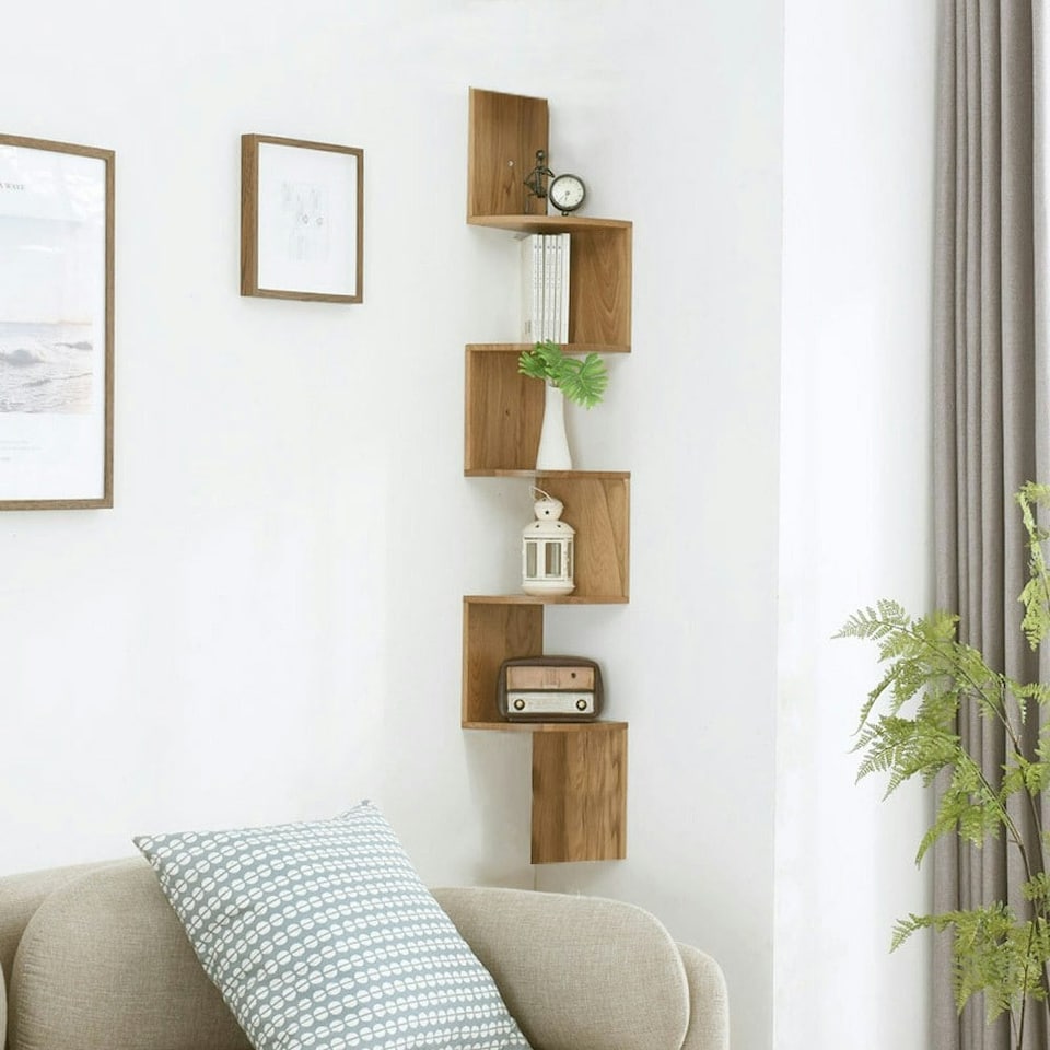 image 1 of Living and Home 5 Tiered Wooden Floating Corner Shelf, Brown
