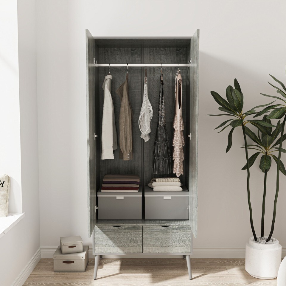 image 1 of Malmo 2 Door 2 Drawer Wardrobe with Scandi Legs Cupboard Hanging Rail 180cm | Multi | Grey Ash Grey | 1