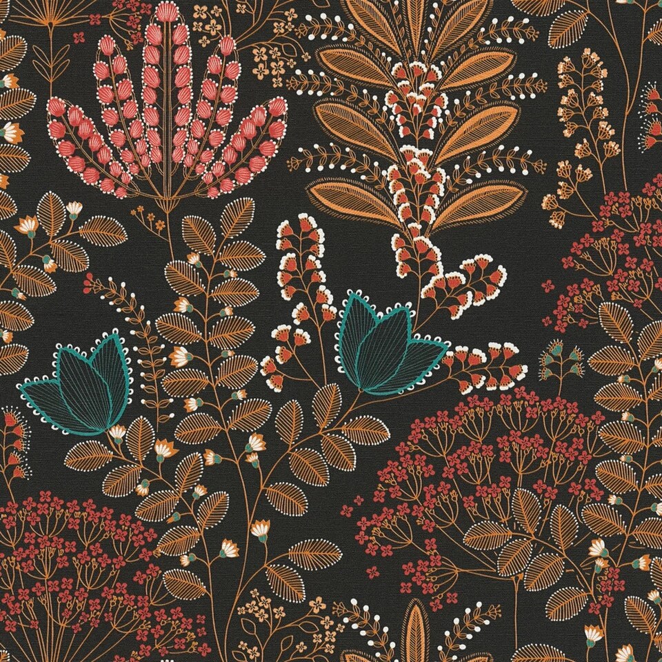 Sample of Midnight Botanicals Multicoloured Wallpaper on Charcoal | Black | Charcoal