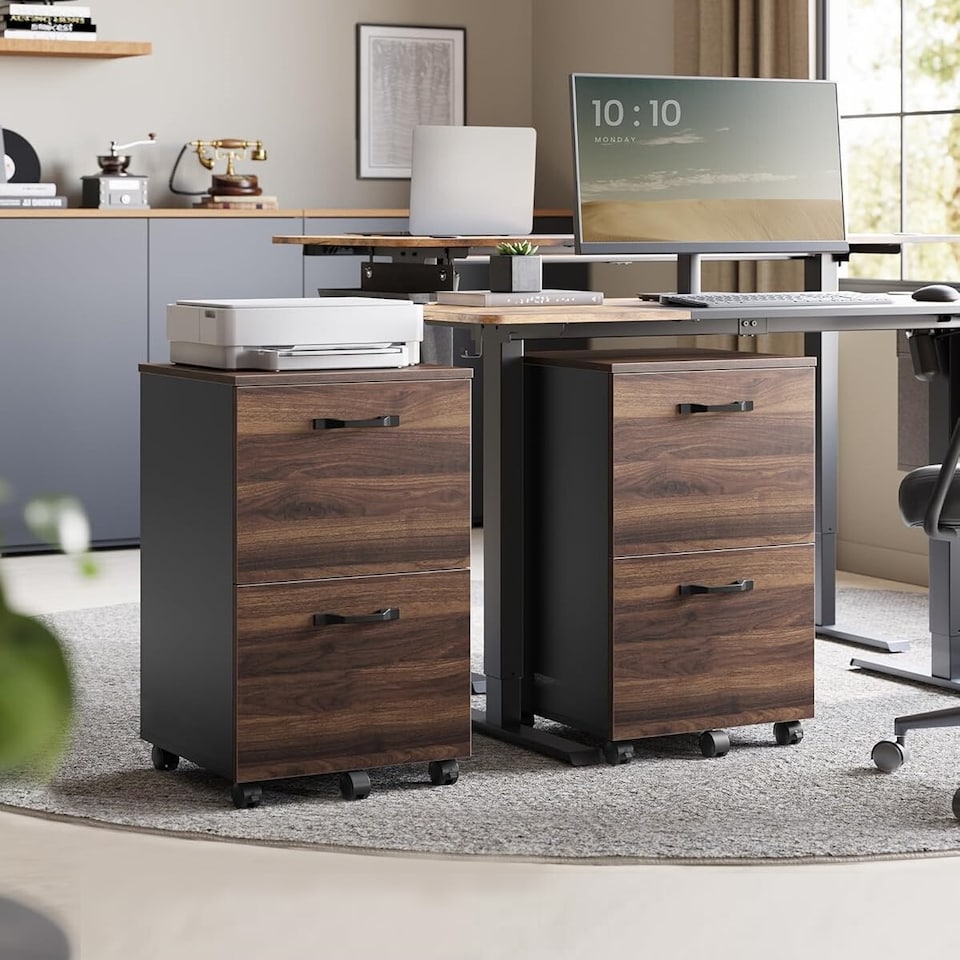 image 1 of Mobile Filing Cabinet with Printer Stand and 2 Drawers, Office Storage Unit, Natural Walnut and Ink Black