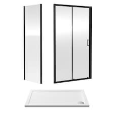 Balterley Sliding Shower Suite with 6mm Safety Glass Door, Side Panel & 1200 x 700mm Tray in Matt Black Finish | Black | Matt Black | 3