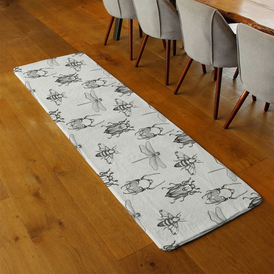 image 1 of Sketch of Scarab Beetle, May bug, Bee and Dragonfly (Runner Rug) White