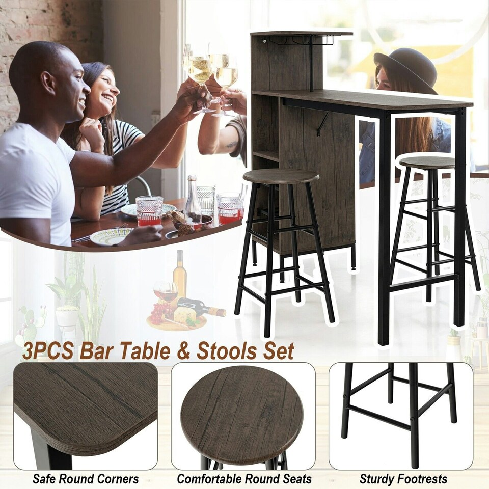 image 1 of COSTWAY 3PCS Bar Table & 2 Stool Dining Set Brown Brown
