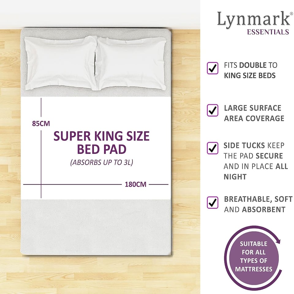 image 1 of Lynmark Waterproof Bed Protector with Tuck-In Flaps, Absorbs Up to 3000ml, 180x85cm (Tucks 85x45cm) | White | 1 pack | 1