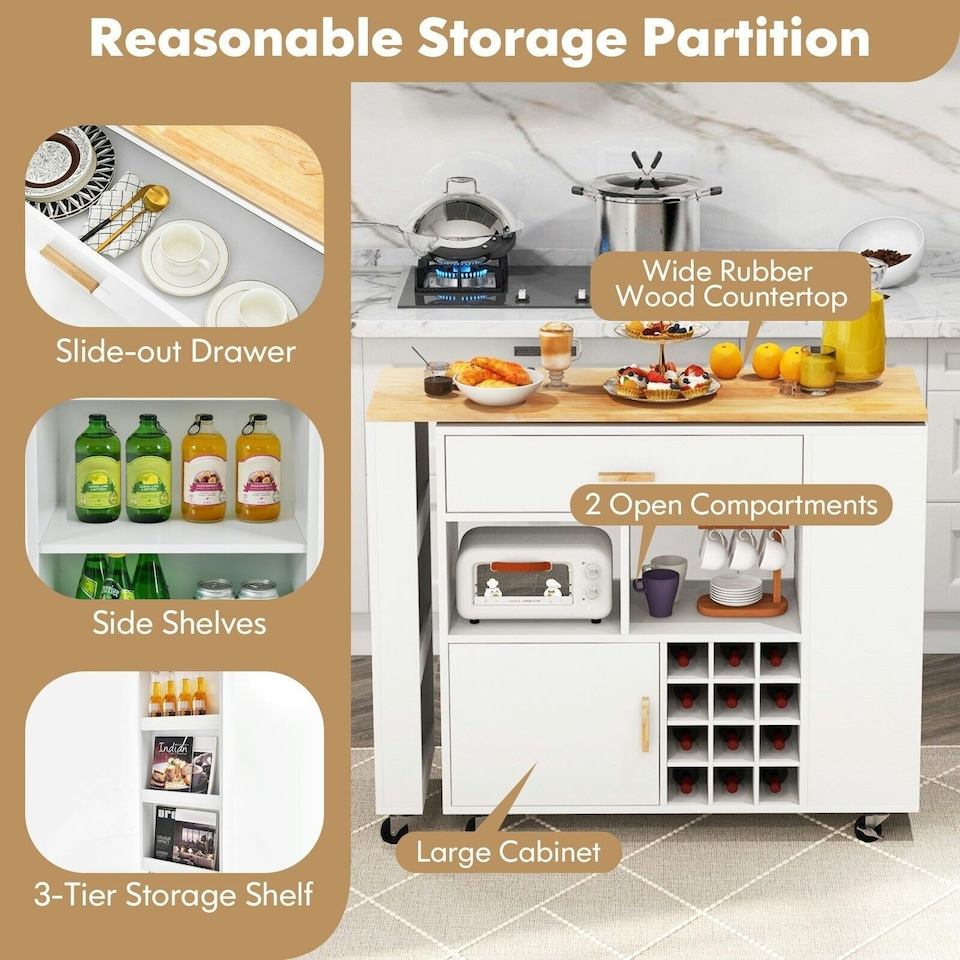image 1 of COSTWAY 2-in-1 Kitchen Island Bar Table Storage Trolley White