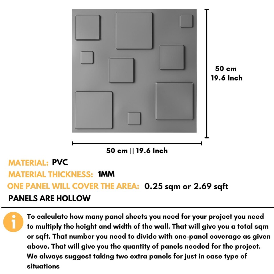 image 1 of NOVECRAFTO Decorative 3D Wall Panels (50cm x 50cm) 3D Blocks Design PVC Cladding Panel | Grey | Matte Grey Silver | M | 6