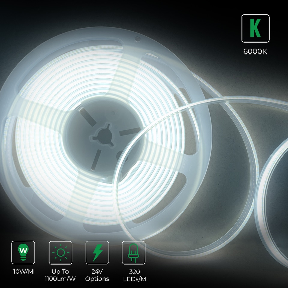 image 1 of 5 meters, 24V COB LED Strip Lights 6000K (Power Supply Not Included)