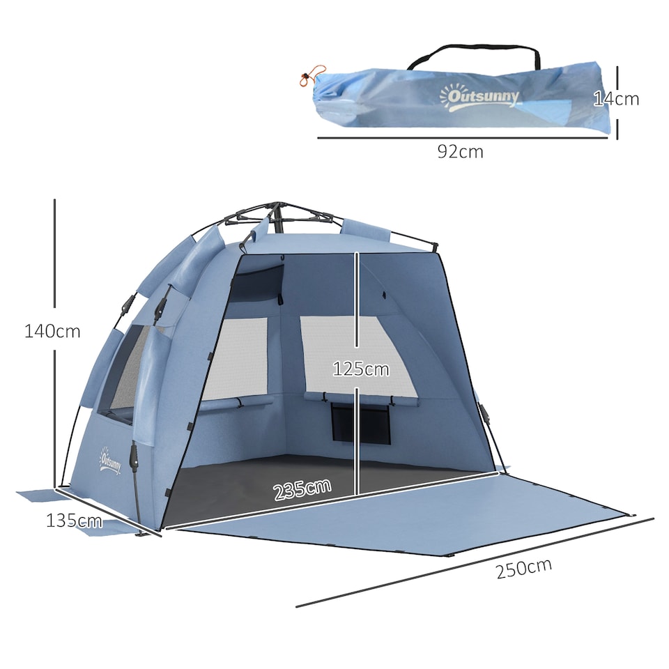 image 1 of Outsunny Pop Up Tent Beach Tent for 23 Person, Easy Set Up Sun Shelter with Extended Floor, Sandbags, Mesh Windows and Carry Bag | Blue