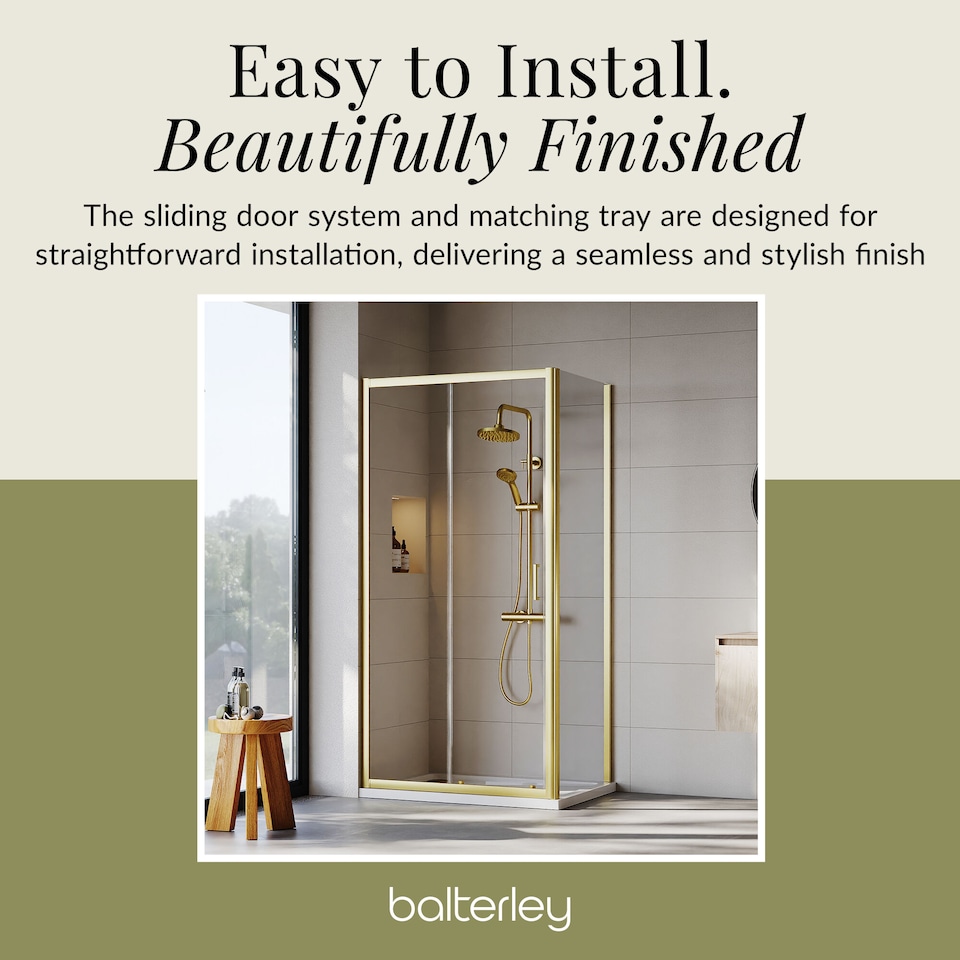 image 1 of 1200x700mm Sliding Shower Suite with Side Panel & Resin Tray in Brushed Brass Finish | Copper | Brushed Brass | 3