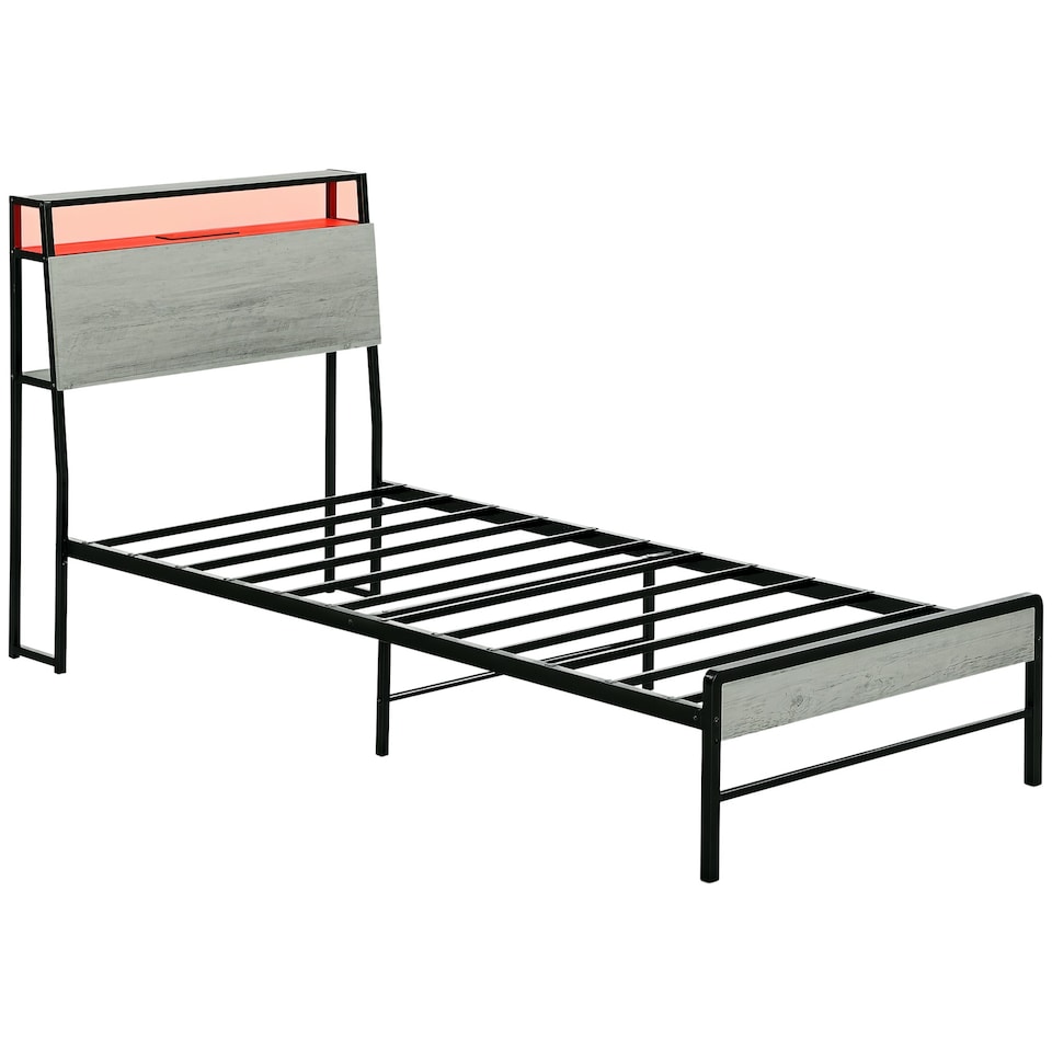 image 1 of HOMCOM LED Single Bed Frame with Charging Station, 90 x 190cm, Cement Grey