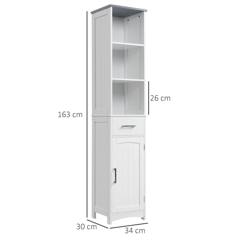 image 1 of kleankin Tall Bathroom Storage Cabinet with 3 Tier Shelf, Cupboard, Drawer, Door, Freestanding Linen Tower, Slim Side Organizer, White