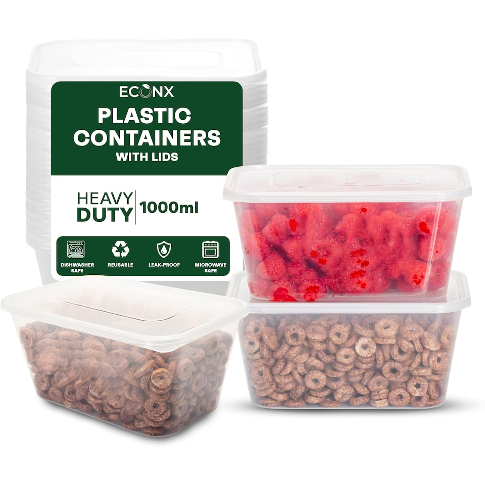 image 1 of ECONX 1000ml Plastic Food Storage Containers With Lids Microwave & Freezer Safe Takeaway Reusable Food Containers x 100pk