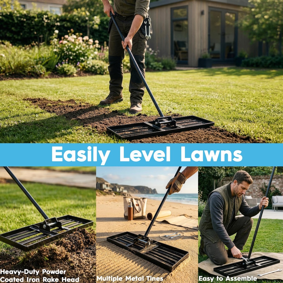 image 1 of Harbour Housewares Heavy Duty Steel Lawn Levelling Rake - 106 x 25cm - Wide Garden Leveling Tool Soil Spreader Landscaping Tool