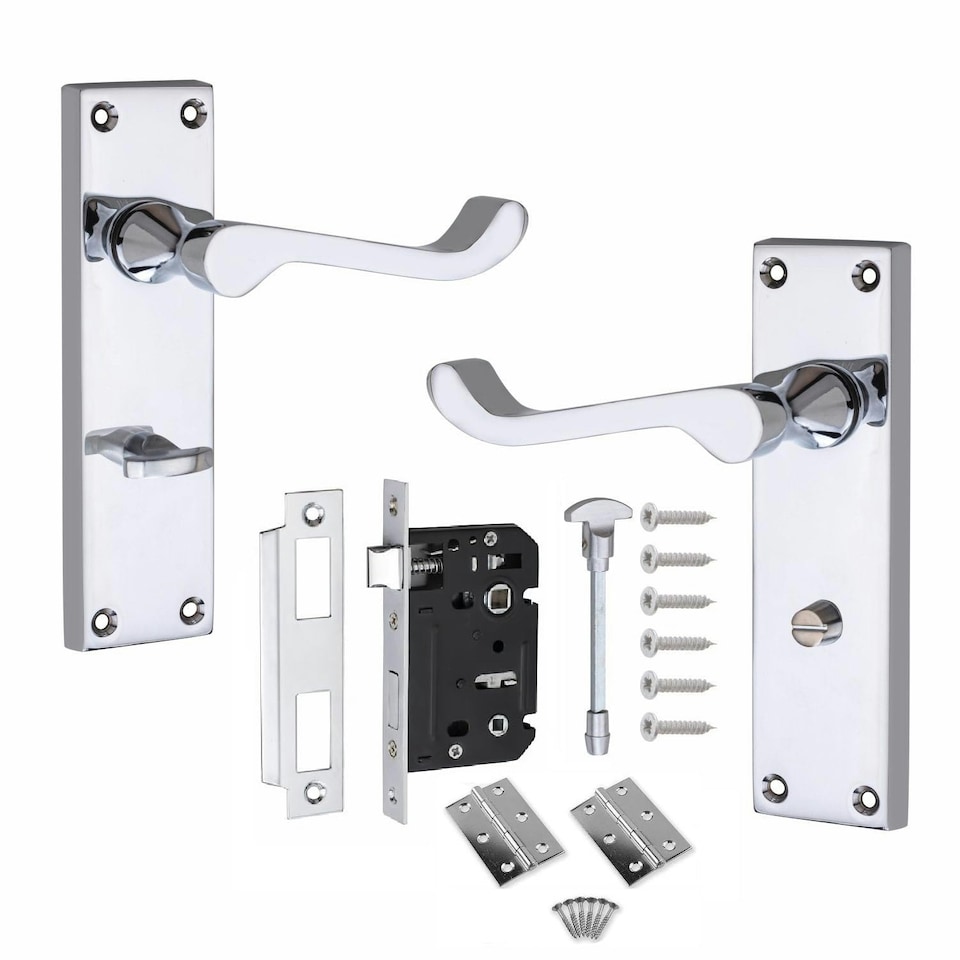 image 1 of Golden Grace Victorian Scroll Bathroom Door Handles Lock Pack in Polished Chrome Finish with 64mm Bathroom Lock & 3" Hinges | Chrome | 1 Set