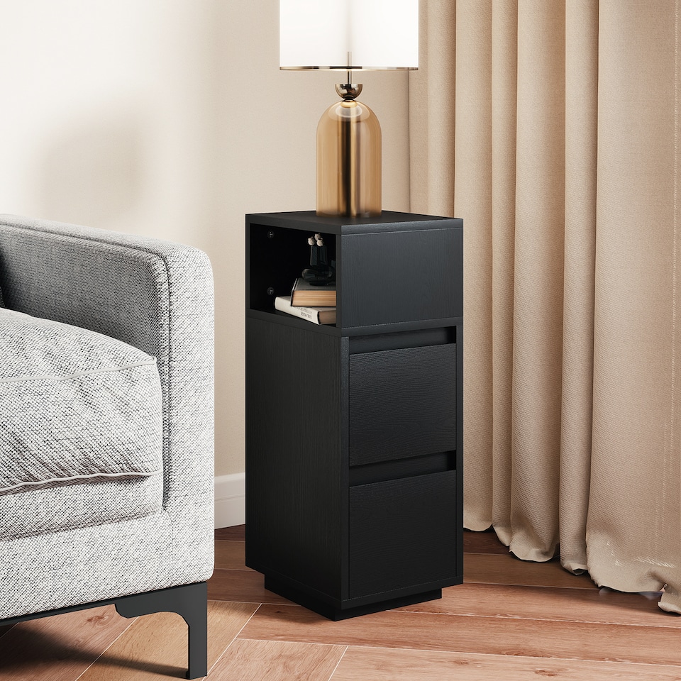 image 1 of HOMCOM Slim Bedside Table, Narrow Bedside Cabinet with Open Shelf and 2 Drawers, Modern Nightstand for Bedroom, Living Room, Black | Black | Black
