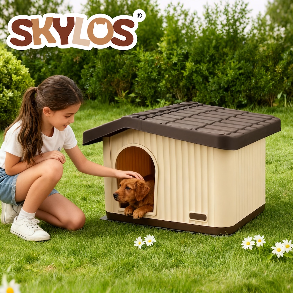 image 1 of Skylos Plastic Dog House Pet Kennel Shelter for Small Medium Dogs Indoor Outdoor | Brown | S