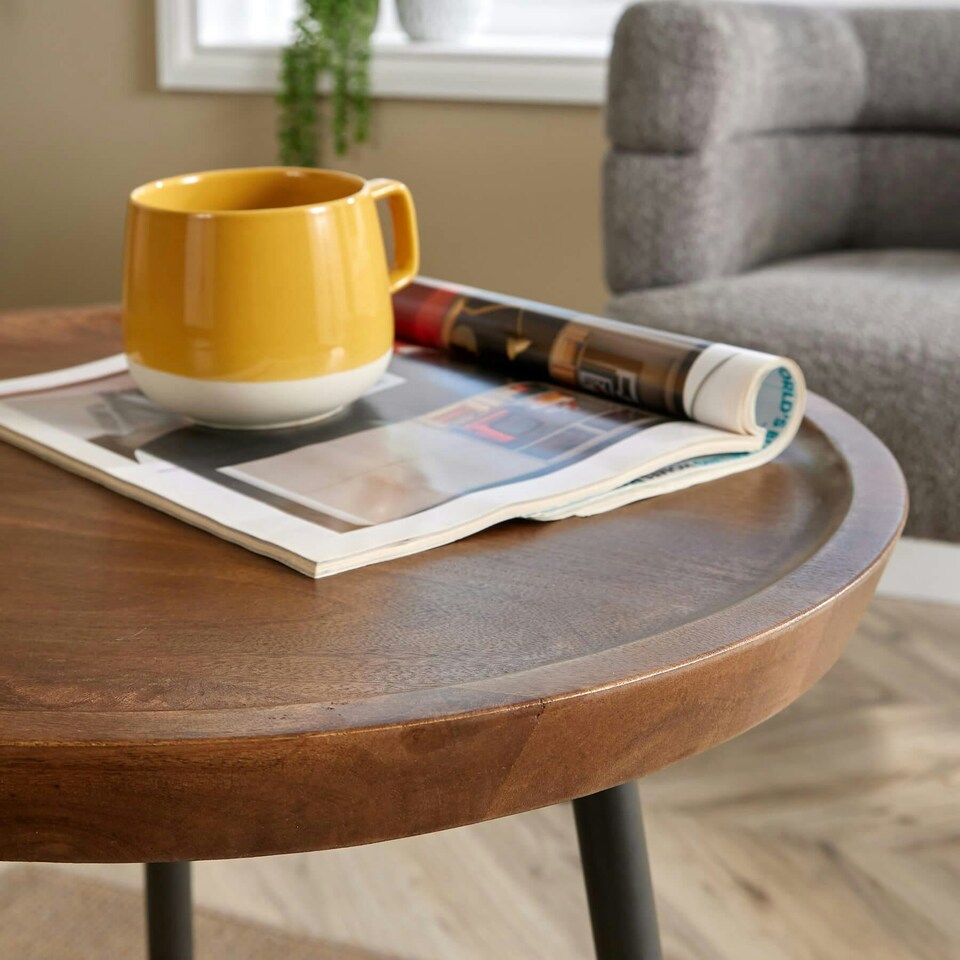 image 1 of Small Coffee Table Round Rustic Solid Mango Wood Living Room Furniture Unit Brown