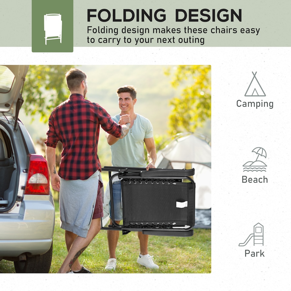 image 1 of Outsunny Set of 2 Patio Folding Chair Set, Garden Portable Outdoor Chairs with Armrest and Breathable Mesh Fabric Seat and Backrest, for Camping, Beach, Deck, Lawn, Black