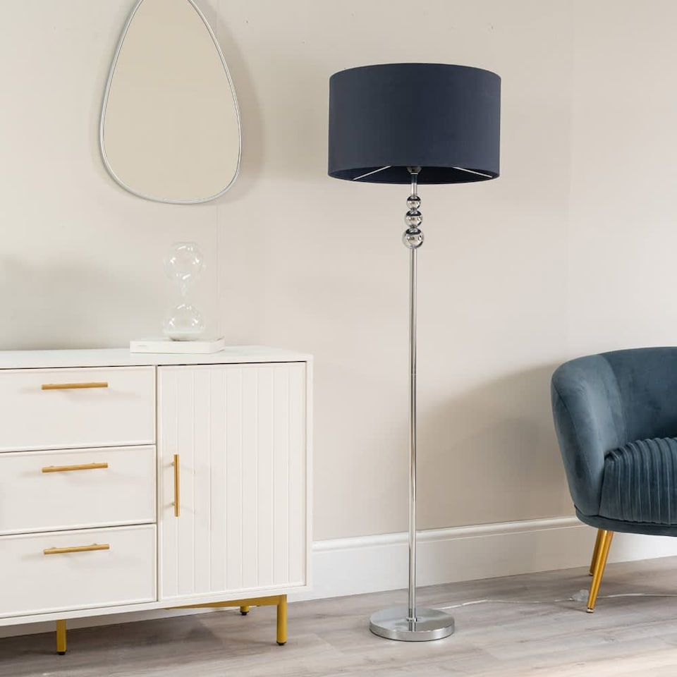 image 1 of ValueLights Marissa Navy Blue Shade with Chrome Stacked Ball Floor Lamp | Blue