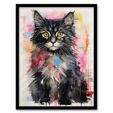 Kitten Colourful Oil Bright Baby Cat Black Framed Wall Art Print A4