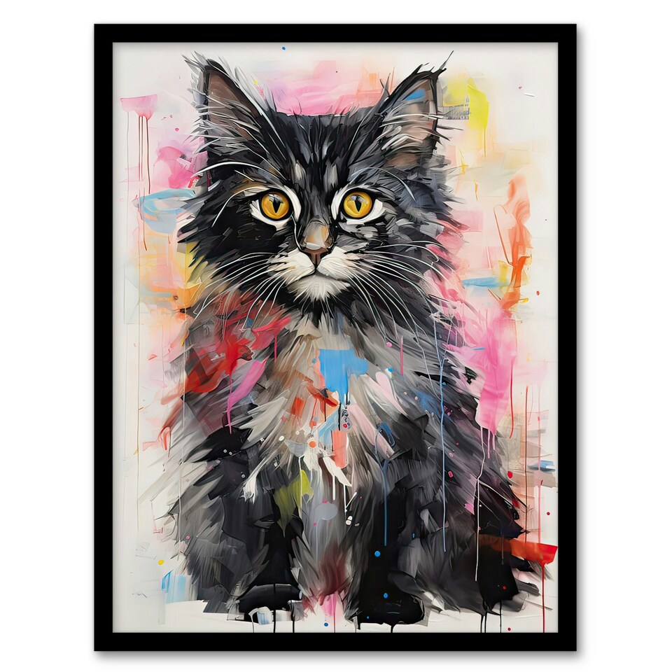 image 1 of Kitten Colourful Oil Bright Baby Cat Black Framed Wall Art Print A4