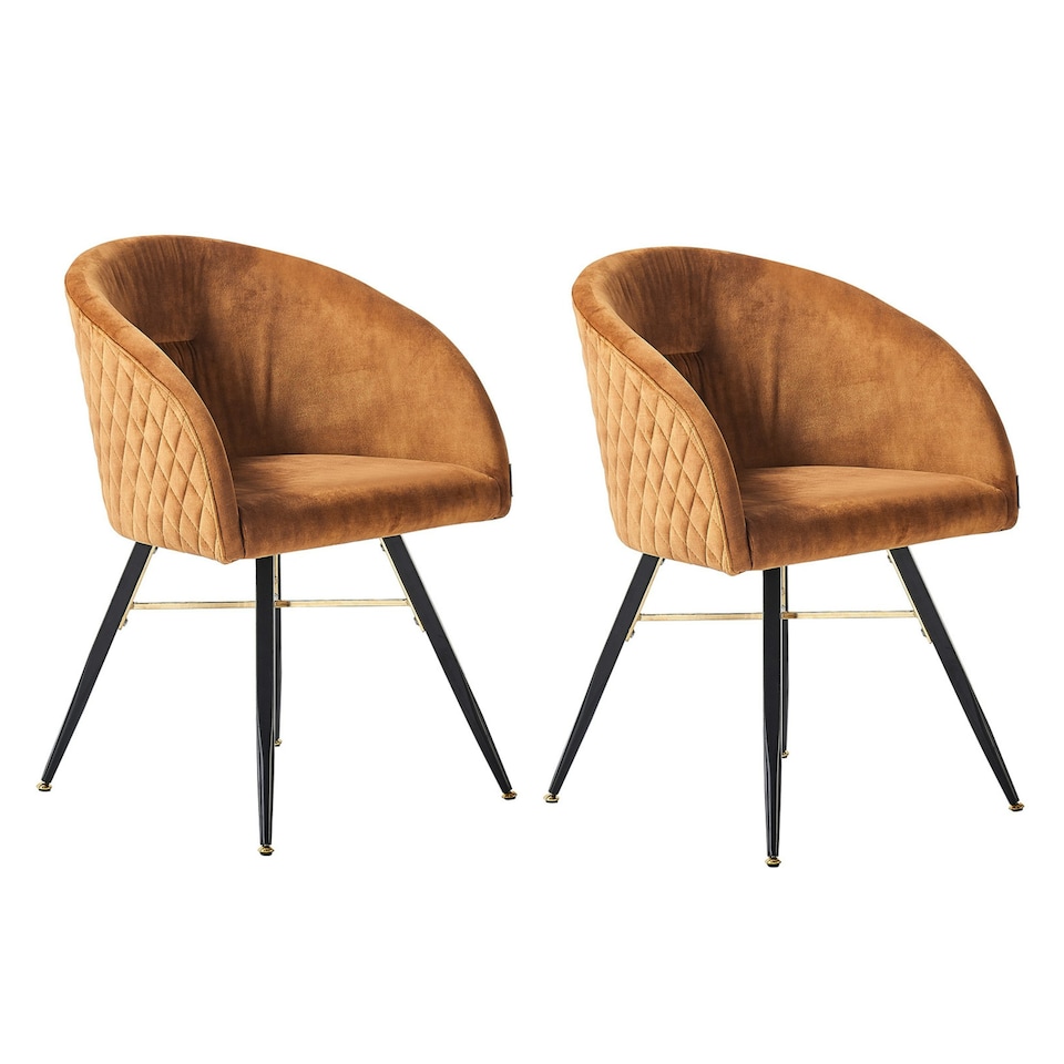 image 1 of Set of 2 Vittorio Velvet Dining Chairs with Black Metal Legs, Quilted Design Modern Accent Chair | Yellow