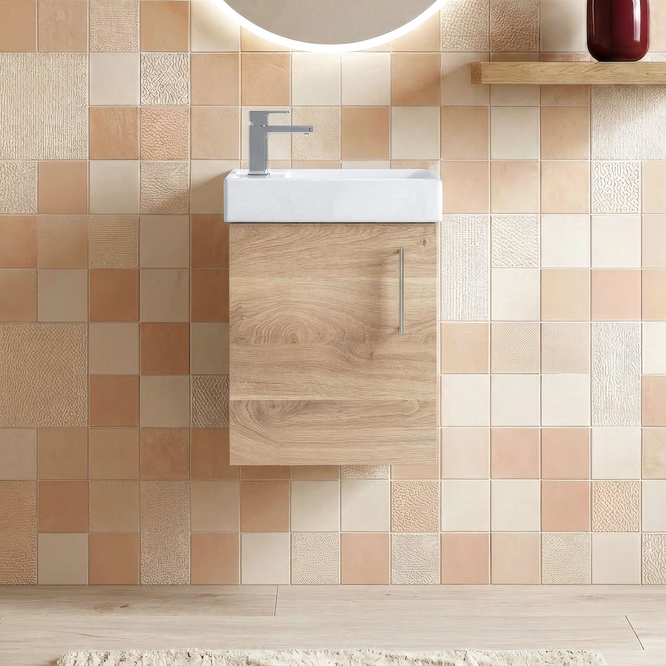 image 1 of Balterley Saint Contemporary Bathroom Wall Hung 1 Soft-Close Door Vanity Unit & Rectangular Basin | Brown | Bleached Cuneo Oak | 1
