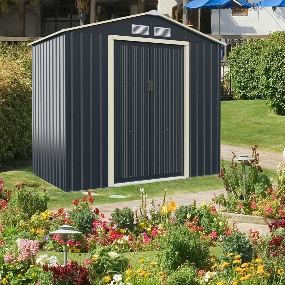 image 1 of COSTWAY 7FT x 4FT Outdoor Storage Shed Tool Utility Storage House Grey