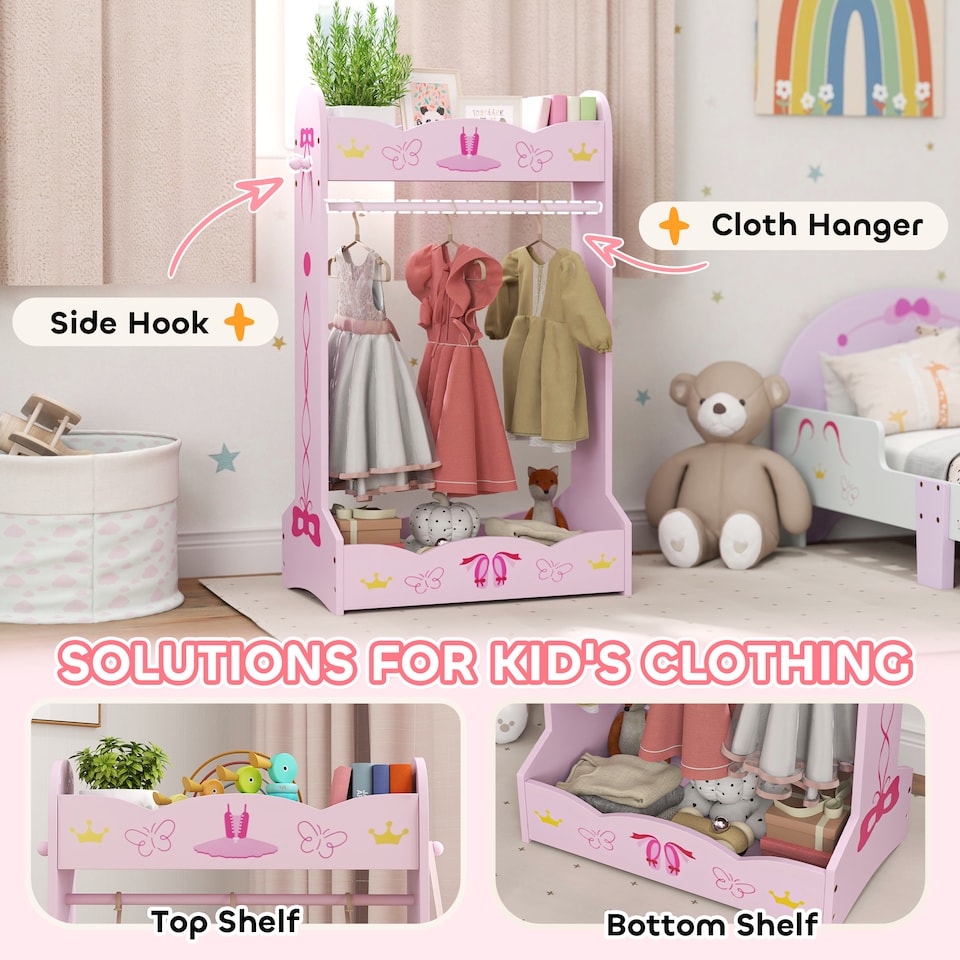 image 1 of AIYAPLAY Kids Clothes Rail w Storage Shelves for Bedroom, Nursery, Pink
