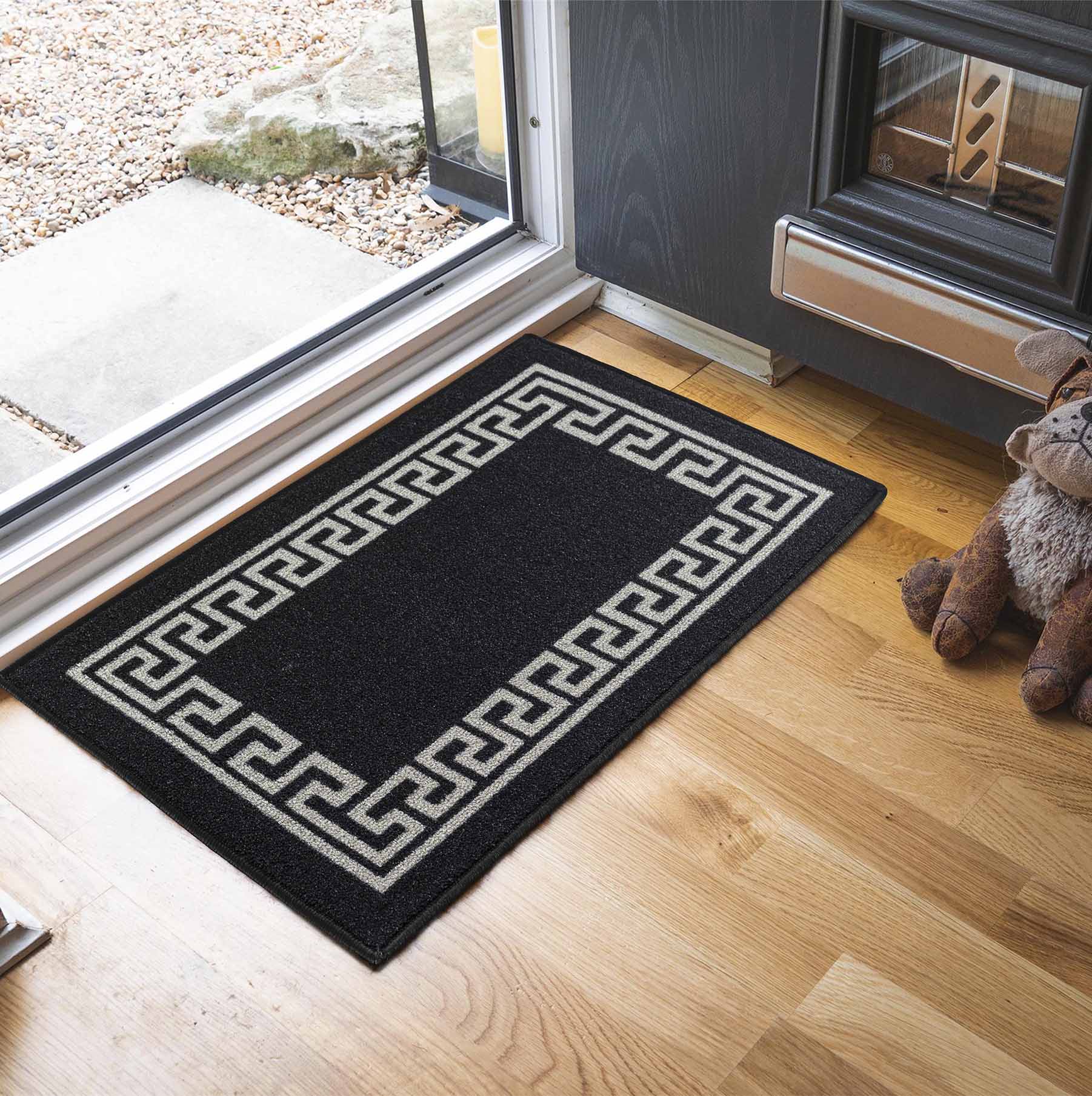 Desire Rugs Anti-Slip Greek Key Design Doormat - Machine Washable for Easy Care in Black | Size: 80 cm x 300 cm