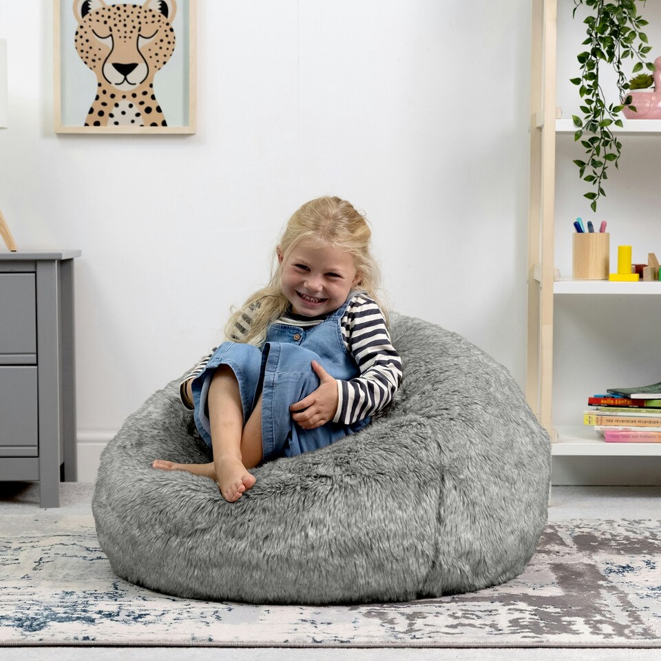 image 1 of icon Kids Classic Faux Fur Bean Bag Chair Arctic Wolf Grey Bean Bags for Children Grey
