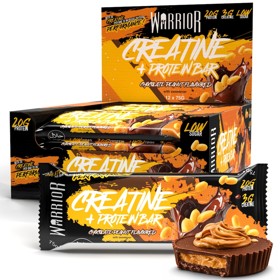 image 1 of Warrior Creatine  Protein Bars 12 x 75g – 20g High Protein Bar, 5g Creatine, Low Sugar High Fibre Oat  Bars, Meal Replacement Bars (Chocolate Peanut)