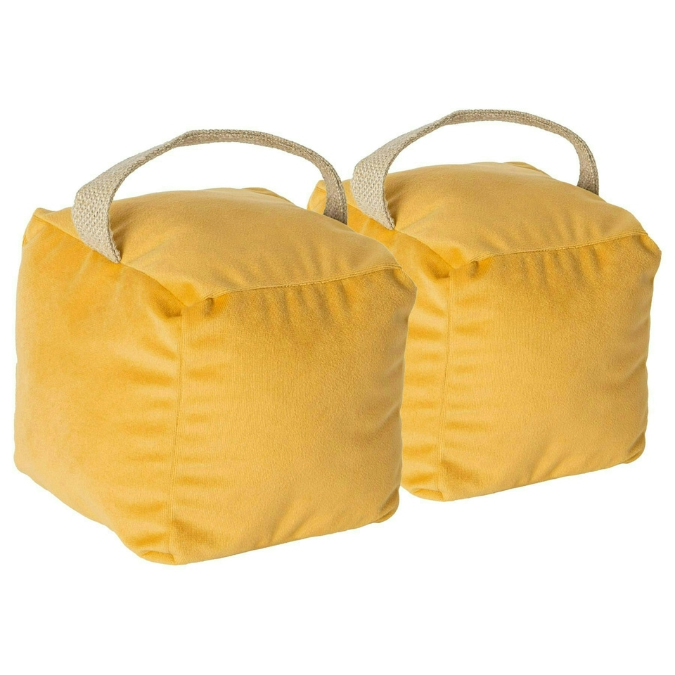 image 1 of Nicola Spring Velvet Cube Door Stops - 14cm x 14cm x 14cm - Yellow - Pack of 2