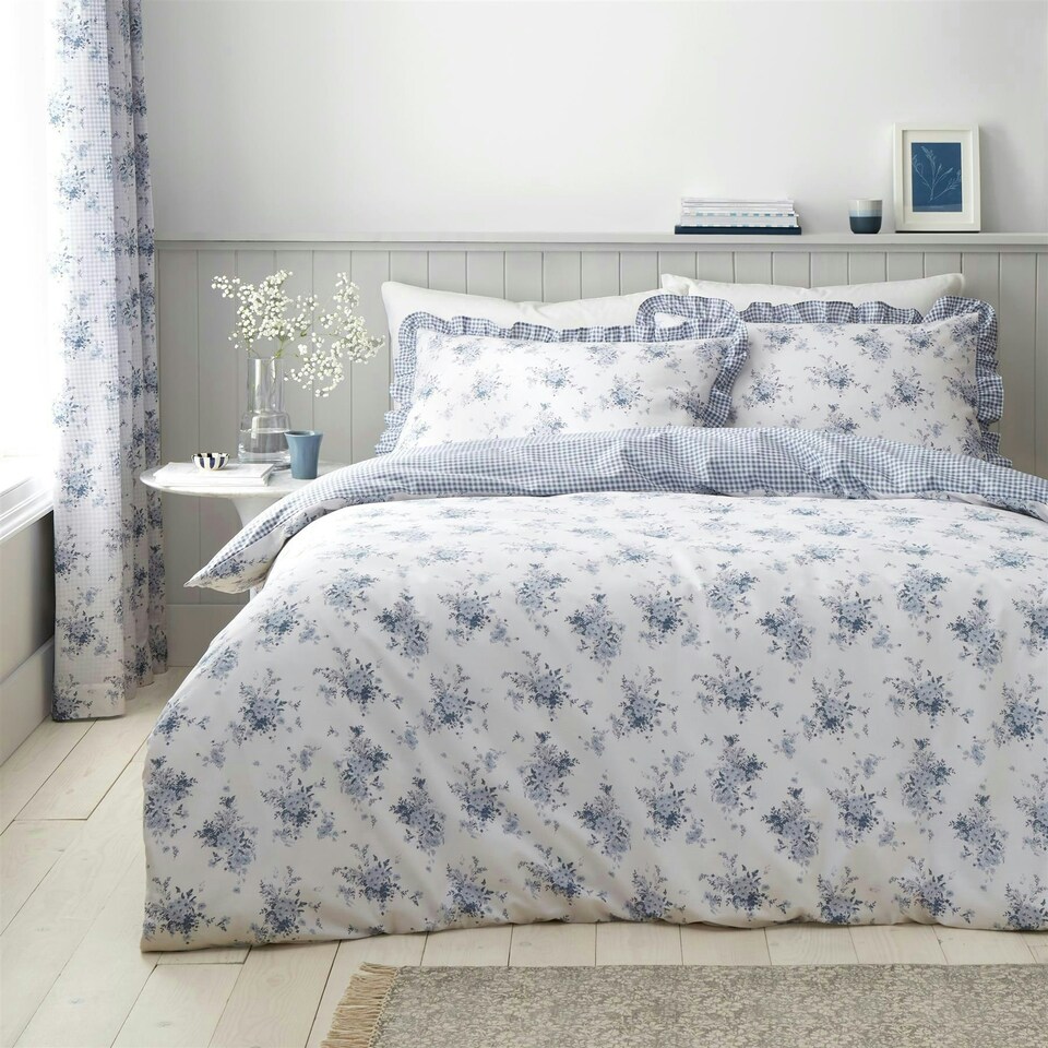 image 1 of Catherine Lansfield Lucie Floral Frill Blue Duvet Cover Set Blue | Double