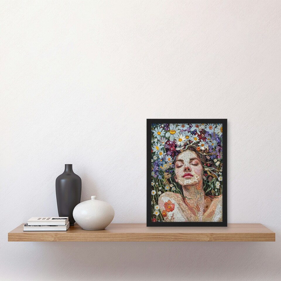 image 1 of Woman Laying Spring Flower Field Mosaic Black Framed Wall Art Print A4