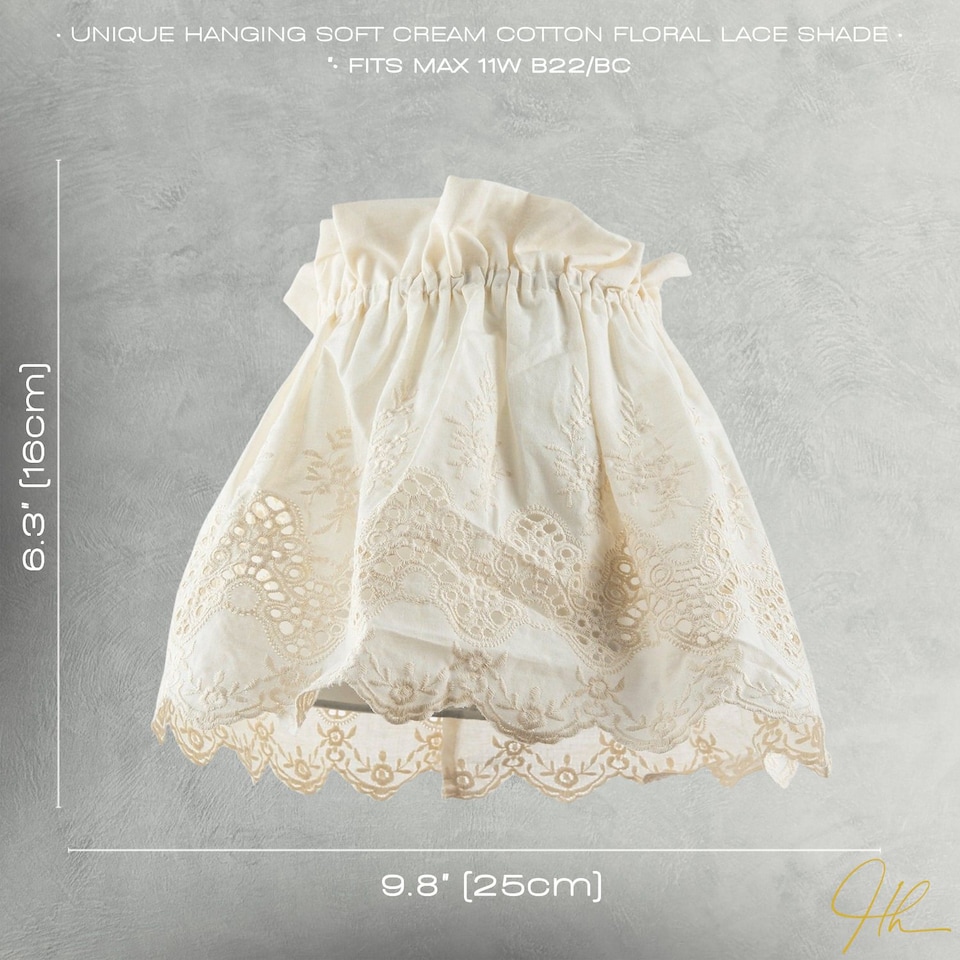 image 1 of Modern Cream Cotton Fabric Pendant Lamp Shade with Floral Lace Design | Cream | Cream | 1