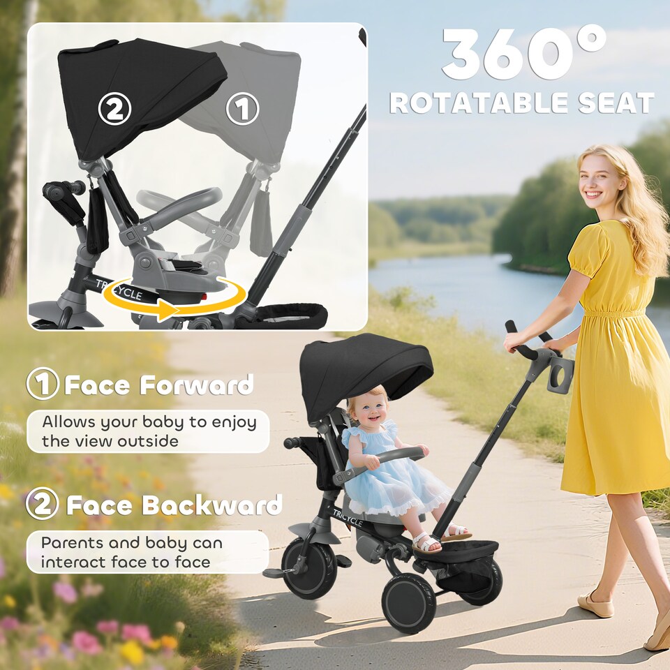 image 1 of AIYAPLAY 6 in 1 Kids Trike, Toddler Tricycle with Parent Handle, Black