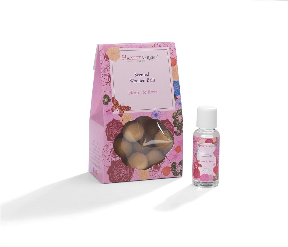 image 1 of Hassett Green London - Hearts & Roses - Scented Wooden Balls Pack of 12 plus 30ml Bottle of Home Fragrance Oil for Refreshing - Alternative to Pot Pourri, Diffusers, Sachets and Drawer Liners