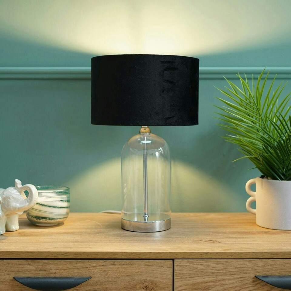 image 1 of ValueLights Jessy Glass and Silver Chrome Metal Bedside Table Lamp with a Black Velvet Lampshade - Bulb Included