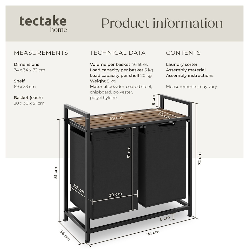 image 1 of Dual Laundry Basket - 2 pull out compartments, wooden folding shelf and high capacity | Black | black/brown | 46 L | 1