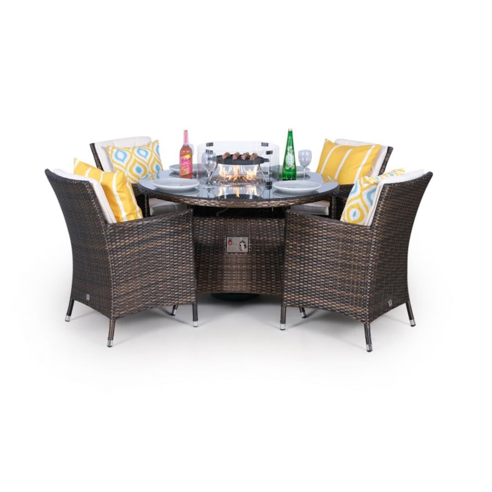 image 1 of Savannah Fire Pit 4 Seater Round Rattan Dining Set | Brown | Brown