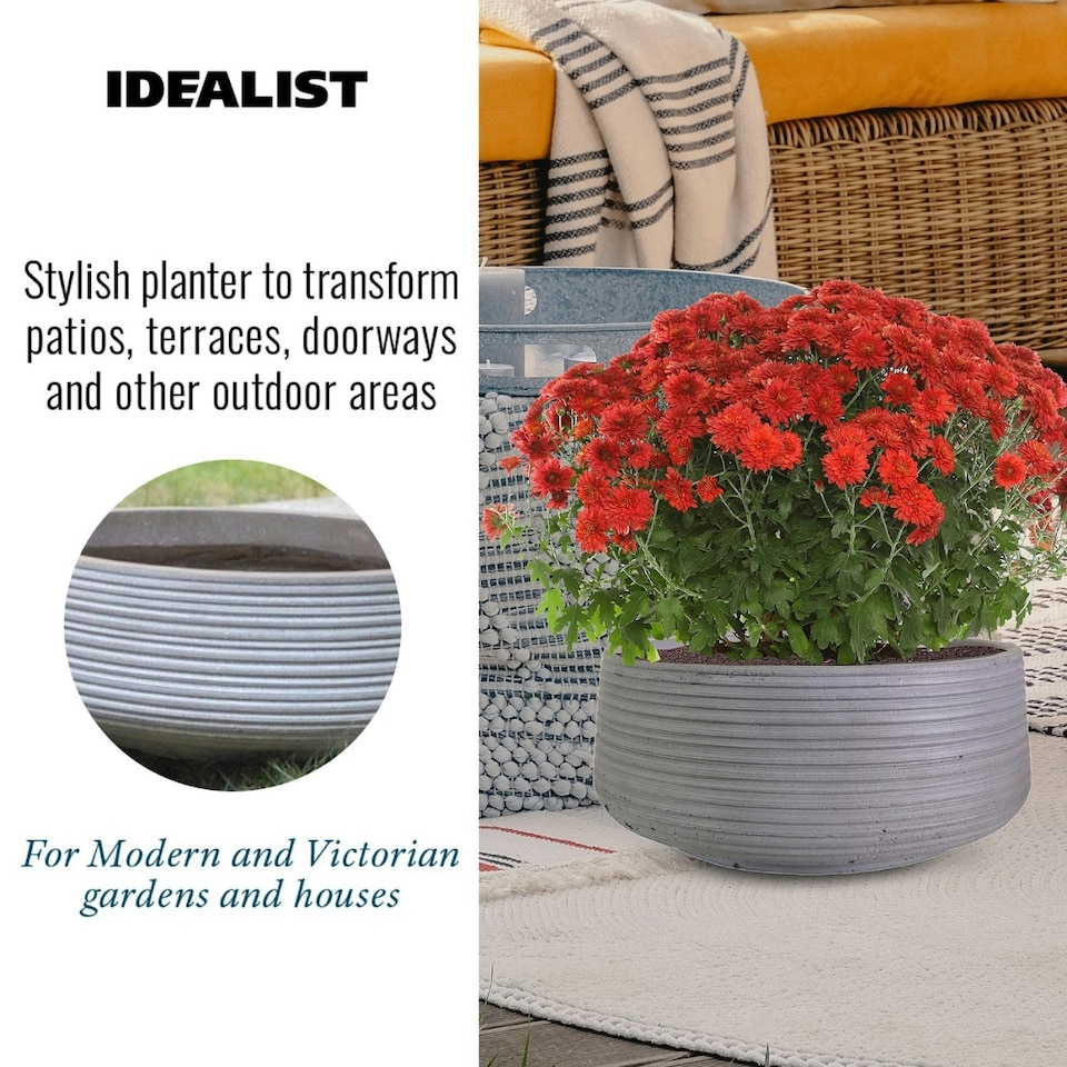image 1 of Large Ribbed Stone Grey Light Concrete Bowl Garden Planter H12 D31 cm, 9 ltrs Cap.