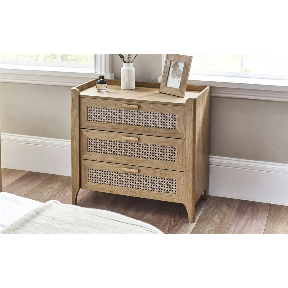 image 1 of Sleek 3 Drawer Rattan Oak Chest