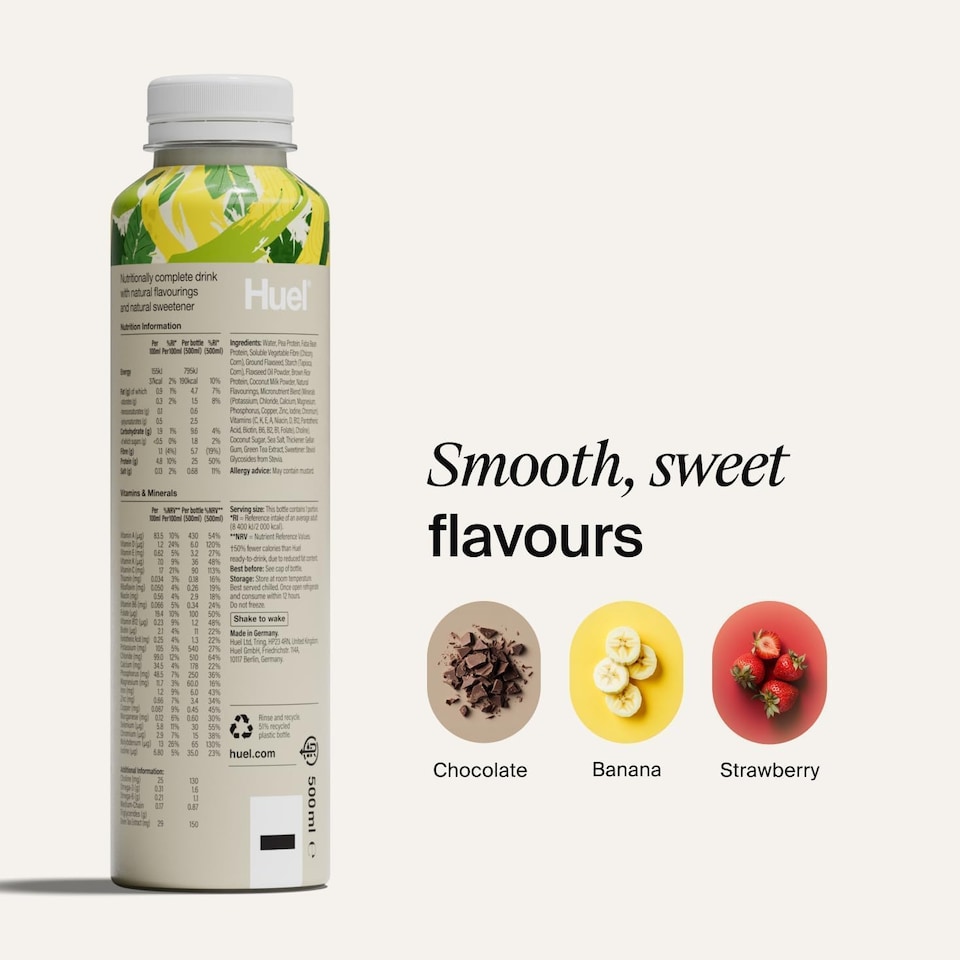 image 1 of Huel Ready-to-Drink Meal, LITE Banana Protein Drink, 500ml Bottles (Pack of 8) - Protein Shakes, Pre-Portioned Meal, 25g of Protein per Bottle