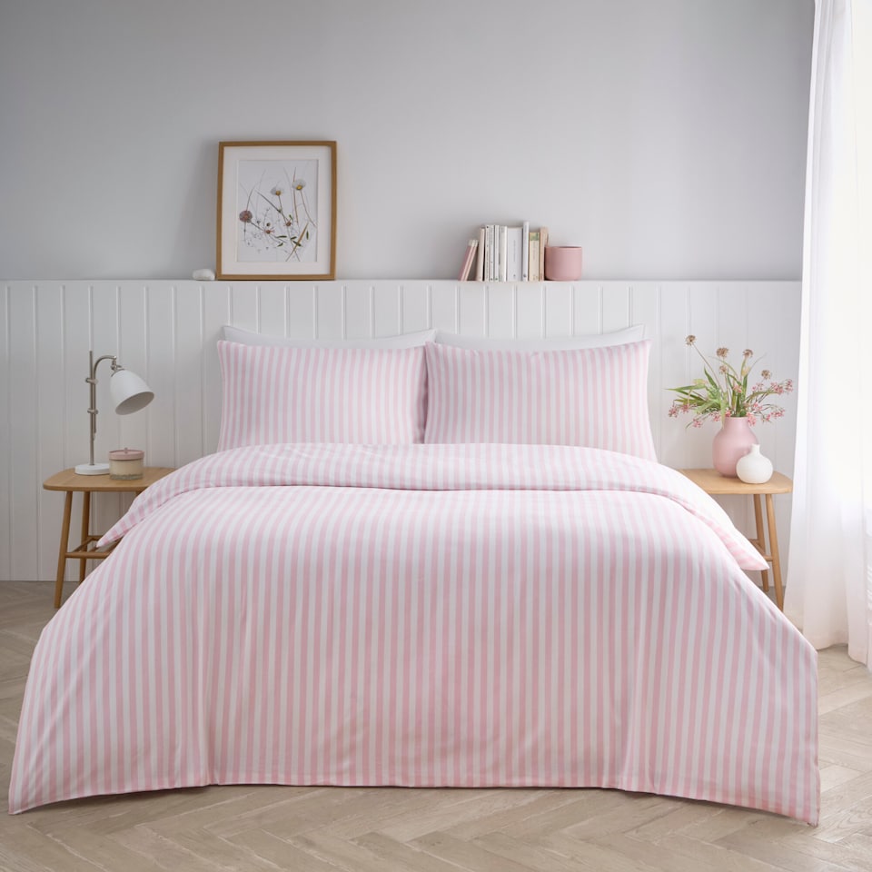 image 1 of Pencil Stripe Geometric Soft Easy Care Bed Linen Bedding Duvet Cover Set With Pillow Cases | Pink | Pink | Super King