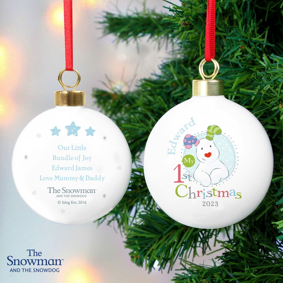 image 1 of Personalised The Snowman and the Snowdog My 1st Christmas Blue Bauble