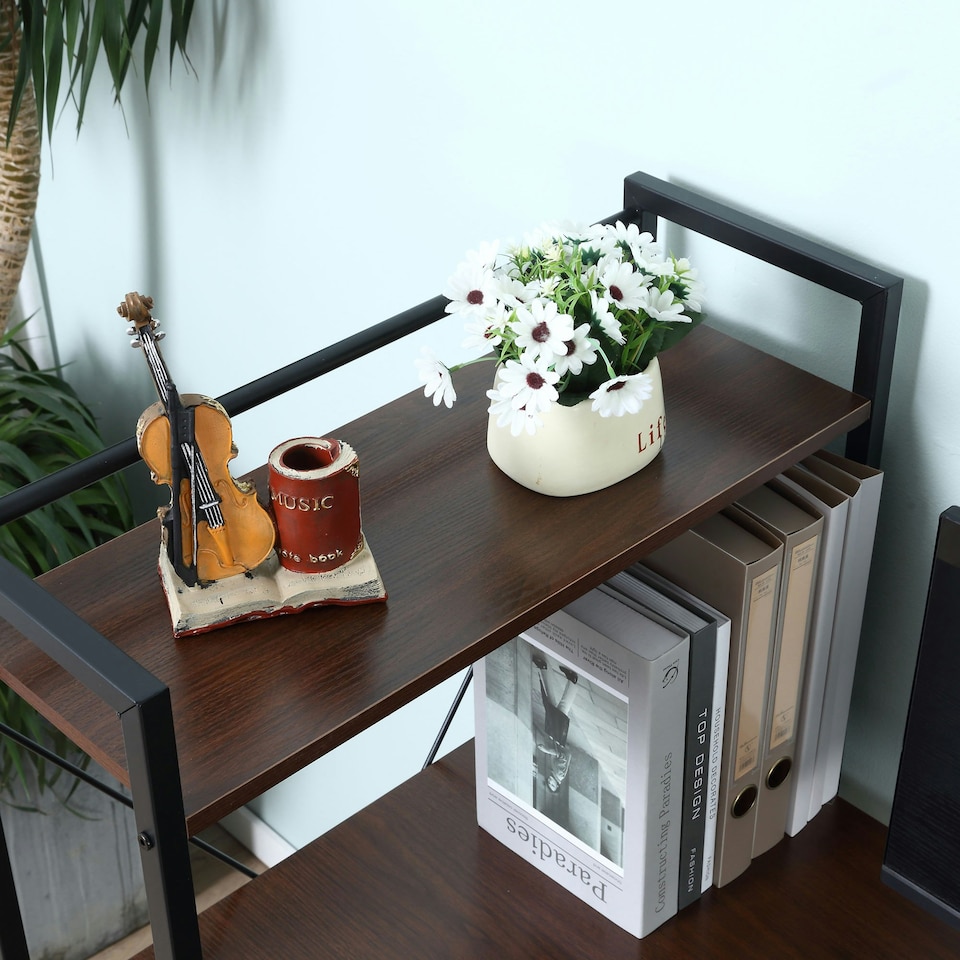 image 1 of HOMCOM Computer Desk Laptop Table w/4-tier Bookshelf Metal Frame Walnut, Black