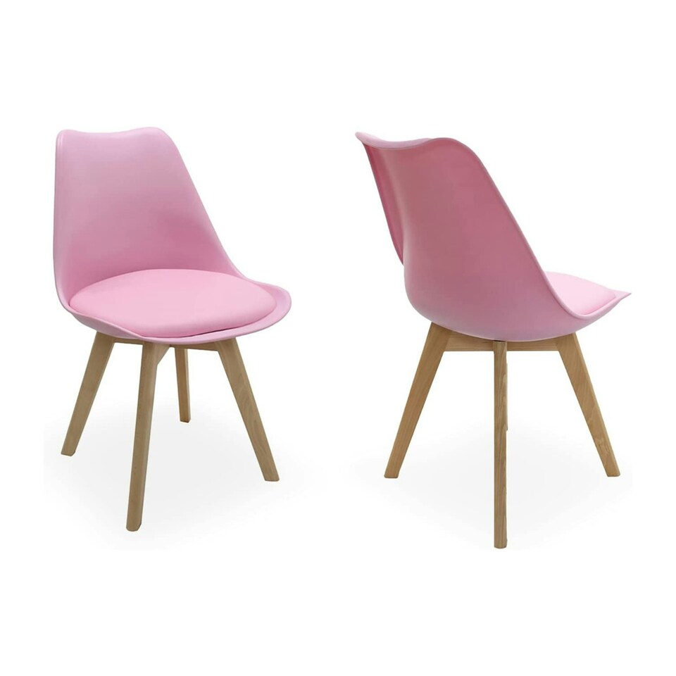 image 1 of Set of 2 Scandinavian Dining Chairs with Leather Cushions Solid Wood Legs Pink