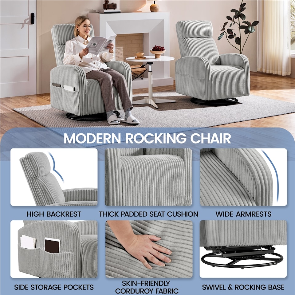 image 1 of Yaheetech Corduroy Swivel Nursery Gliding Rocker Chair-Light Grey | Grey | Light Grey | One Size | 1